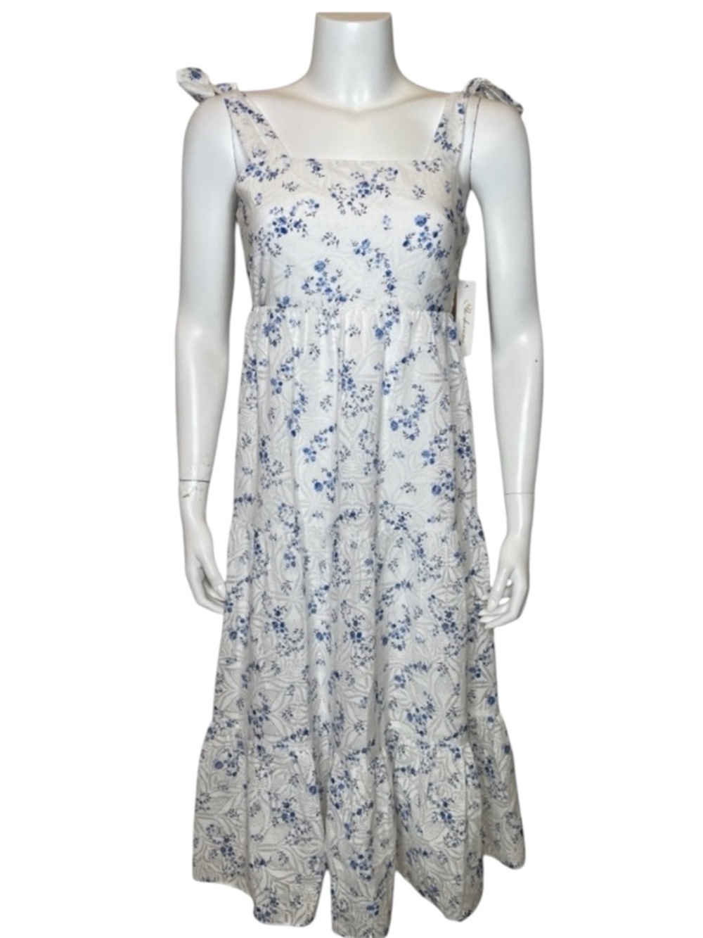 Shoshanna Tie Shoulder Midi Dress 0 XS White Blue Floral Sundress NWT